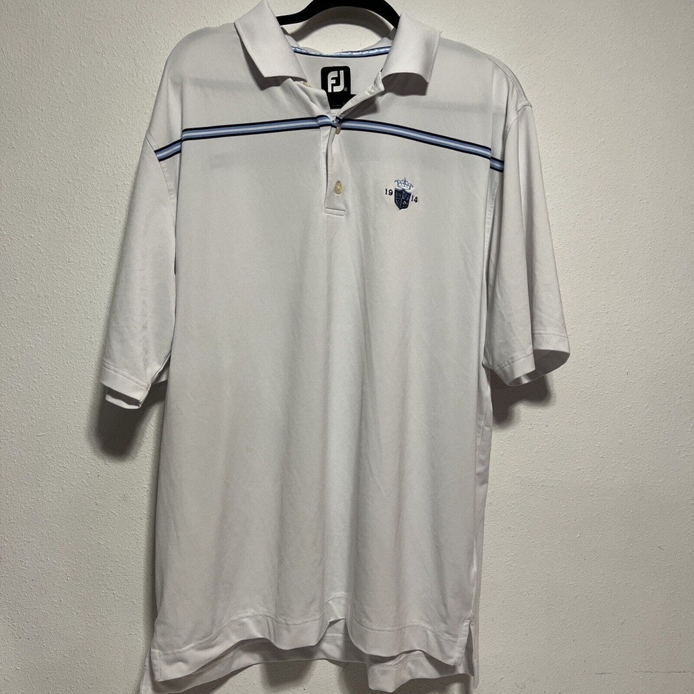 Footjoy FJ White golf polo 1914 crest light blue XL